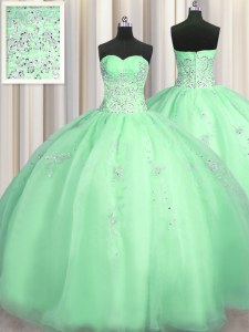 Fashion Puffy Skirt Beading and Appliques Sweet 16 Dress Apple Green Zipper Sleeveless Floor Length