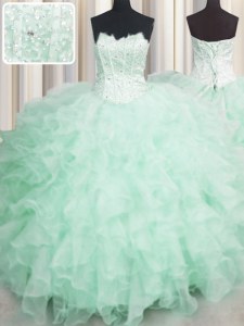 Perfect Scalloped Visible Boning Beading and Ruffles Quinceanera Gown Apple Green Lace Up Sleeveless Floor Length