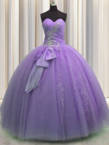 Sophisticated Lavender Tulle Lace Up Sweetheart Sleeveless Floor Length Sweet 16 Dresses Beading and Sequins and Bowknot