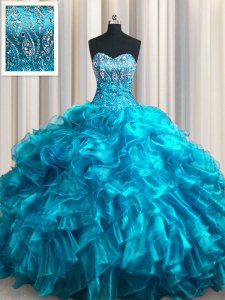 Inexpensive Teal Lace Up Sweetheart Beading and Ruffles Vestidos de Quinceanera Organza Sleeveless Brush Train