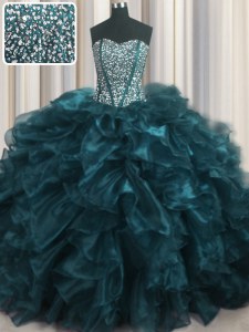 Modest Visible Boning Bling-bling Sleeveless Organza With Brush Train Lace Up Quinceanera Gowns in Teal with Beading and Ruffles