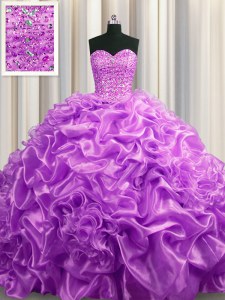 Custom Designed Lilac Organza Lace Up 15 Quinceanera Dress Sleeveless With Train Court Train Beading and Pick Ups