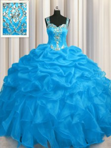 Trendy See Through Zipper Up Blue Zipper 15 Quinceanera Dress Appliques and Ruffles Sleeveless Floor Length