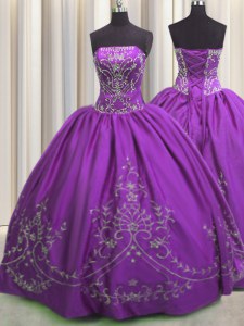 Eggplant Purple Sleeveless Floor Length Embroidery Lace Up Sweet 16 Dresses