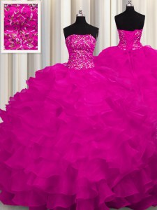 Customized Sleeveless Sweep Train Beading and Ruffles Lace Up Quinceanera Gowns