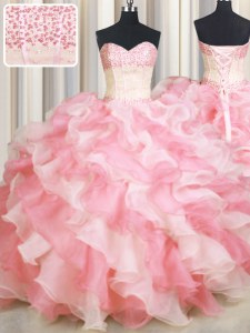 Glittering Visible Boning Two Tone Floor Length Lace Up Sweet 16 Dresses Pink And White for Military Ball and Sweet 16 and Quinceanera with Beading and Ruffles