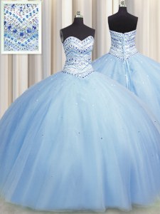 Shining Bling-bling Big Puffy Light Blue Ball Gown Prom Dress Military Ball and Sweet 16 and Quinceanera and For with Beading Sweetheart Sleeveless Lace Up