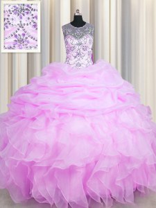 See Through Lilac Ball Gowns Organza Scoop Sleeveless Beading and Ruffles and Pick Ups Floor Length Lace Up Sweet 16 Dresses