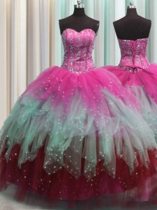 Ideal Visible Boning Multi-color Tulle Lace Up Quinceanera Gowns Sleeveless Floor Length Beading and Ruffles and Sequins