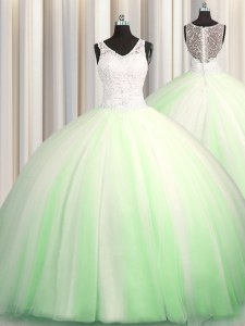 See Through Zipple Up Tulle Zipper V-neck Sleeveless Sweet 16 Quinceanera Dress Brush Train Beading and Appliques