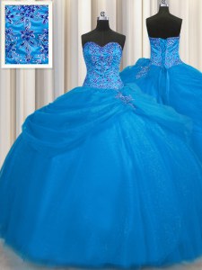 Sexy Really Puffy Floor Length Blue Ball Gown Prom Dress Tulle Sleeveless Beading