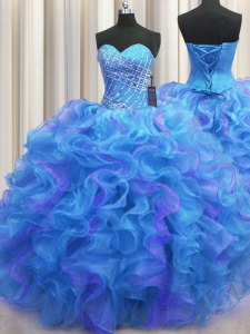 Delicate Multi-color Organza Lace Up Quinceanera Gowns Sleeveless Floor Length Beading and Ruffles
