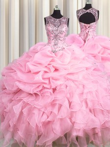 Modern See Through Scoop Sleeveless Organza Ball Gown Prom Dress Beading and Ruffles and Pick Ups Lace Up