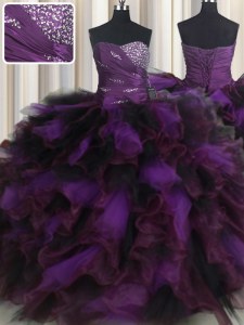 High Class Ruffled Purple Sleeveless Organza and Tulle Lace Up Quinceanera Dresses for Military Ball and Sweet 16 and Quinceanera