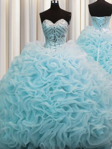 Hot Selling Rolling Flowers Lace Up Quinceanera Gowns Aqua Blue for Military Ball and Sweet 16 and Quinceanera with Beading and Pick Ups Brush Train