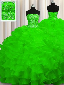 Sleeveless Beading and Ruffles Lace Up Quinceanera Dress with Sweep Train