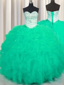Turquoise Lace Up Sweetheart Beading and Ruffles Quinceanera Dresses Tulle Sleeveless