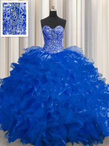 Best Selling See Through Royal Blue Lace Up Quinceanera Gowns Beading and Ruffles Sleeveless Floor Length