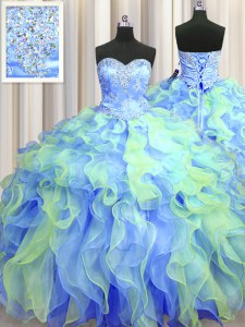 Cute Multi-color Lace Up Ball Gown Prom Dress Beading and Appliques and Ruffles Sleeveless Floor Length