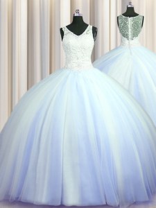 See Through Zipper Up Light Blue Ball Gowns V-neck Sleeveless Tulle With Brush Train Zipper Beading and Appliques Sweet 16 Dresses