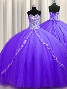 Lace Up Quinceanera Gowns Lavender for Military Ball and Sweet 16 and Quinceanera with Beading Sweep Train