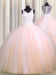 Pretty See Through Back Zipple Up Sleeveless Brush Train Beading and Appliques Zipper Quinceanera Dress