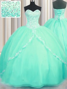 Great Sleeveless With Train Beading and Appliques Lace Up Quinceanera Gown with Turquoise Brush Train