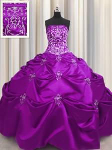 Spectacular Eggplant Purple Taffeta Lace Up Quinceanera Gowns Sleeveless Floor Length Beading and Appliques and Embroidery