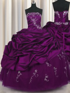 Excellent Strapless Sleeveless Taffeta Quinceanera Gowns Beading and Embroidery and Pick Ups Lace Up