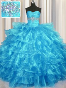 Best Selling Baby Blue Organza Lace Up Sweetheart Sleeveless Floor Length 15 Quinceanera Dress Beading and Ruffled Layers