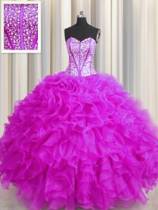 Discount Visible Boning Beaded Bodice Sleeveless Lace Up Floor Length Beading and Ruffles Ball Gown Prom Dress
