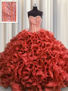 Pretty Visible Boning Rust Red Organza Lace Up Sweetheart Sleeveless Floor Length Sweet 16 Quinceanera Dress Beading and Ruffles