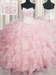 Captivating Visible Boning Baby Pink Ball Gowns Organza Scalloped Sleeveless Beading and Ruffles Floor Length Lace Up Vestidos de Quinceanera