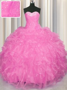 Rose Pink Ball Gowns Sweetheart Sleeveless Organza Floor Length Lace Up Beading and Ruffles Sweet 16 Dresses