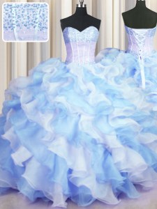 Glamorous Two Tone Visible Boning Blue And White Sweetheart Neckline Beading and Ruffles Vestidos de Quinceanera Sleeveless Lace Up