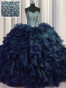 Cheap Visible Boning Bling-bling With Train Navy Blue Quince Ball Gowns Sweetheart Sleeveless Brush Train Lace Up