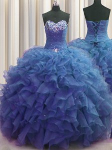 Fantastic Beaded Bust Floor Length Blue 15 Quinceanera Dress Organza Sleeveless Beading and Ruffles