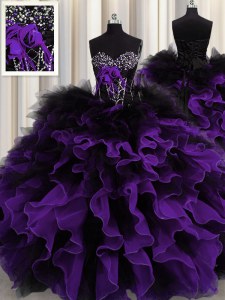 Black And Purple Sweetheart Lace Up Beading and Ruffles Quince Ball Gowns Sleeveless