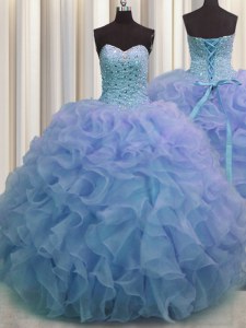 Fine Blue Sleeveless Organza Lace Up Quinceanera Dresses for Military Ball and Sweet 16 and Quinceanera