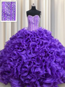 Customized Visible Boning Purple Sleeveless Organza Lace Up Quinceanera Dress for Military Ball and Sweet 16 and Quinceanera