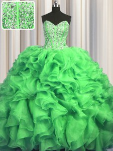 Visible Boning Bling-bling Ball Gowns Sweetheart Sleeveless Organza With Train Sweep Train Lace Up Beading and Ruffles Ball Gown Prom Dress