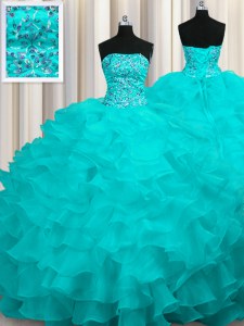 Custom Design Aqua Blue Strapless Lace Up Beading and Ruffles 15th Birthday Dress Sweep Train Sleeveless