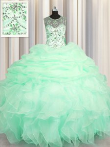 Scoop See Through Apple Green Lace Up Quinceanera Dresses Beading and Ruffles and Pick Ups Sleeveless Floor Length