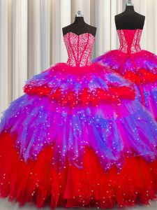 Bling-bling Visible Boning Multi-color Tulle Lace Up Sweetheart Sleeveless Floor Length Quinceanera Gown Beading and Ruffles and Ruffled Layers and Sequins
