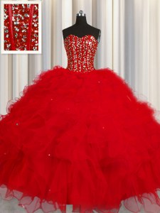 Latest Visible Boning Red Ball Gowns Tulle Sweetheart Sleeveless Beading and Ruffles and Sequins Floor Length Lace Up Sweet 16 Dress