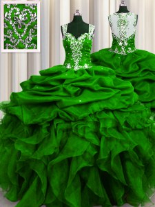 See Through Back Sequins Floor Length Ball Gowns Sleeveless Green Sweet 16 Quinceanera Dress Zipper