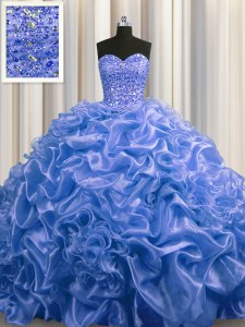 Attractive Blue Lace Up Vestidos de Quinceanera Beading and Pick Ups Sleeveless With Train Court Train