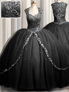 Affordable Zipple Up Black Sweetheart Zipper Beading and Appliques Quinceanera Dresses Brush Train Cap Sleeves