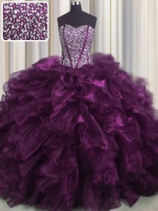 Flare Visible Boning Sweetheart Sleeveless Quince Ball Gowns With Brush Train Beading and Ruffles Dark Purple Organza