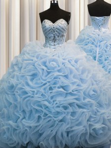 Customized Brush Train Baby Blue Ball Gowns Beading and Pick Ups Quinceanera Dress Lace Up Fabric With Rolling Flowers Sleeveless